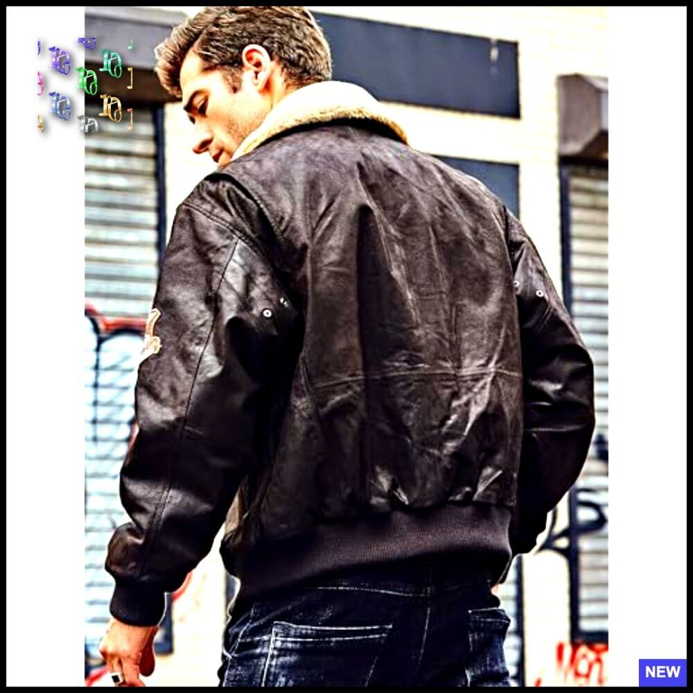 Men's Genuine Leather Bomber Jacket with Removable Fur Collar Aviator Style - Picture 4 of 6
